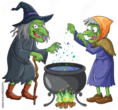 Two Cartoon Witches Brewing Potion in Cauldron