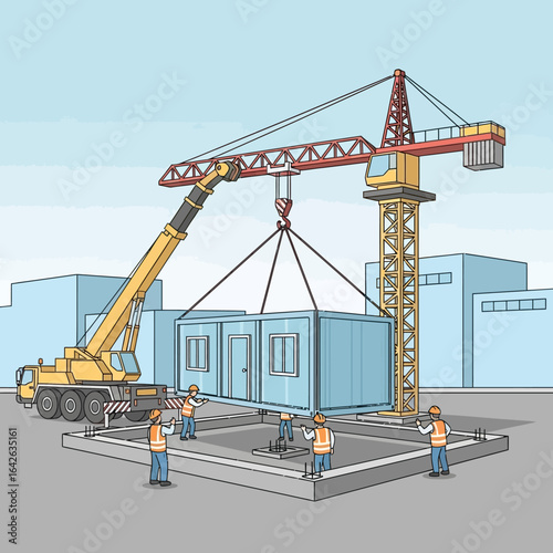 Illustration of a construction site where workers are guiding a portable building being lifted into place by a crane, set against a city skyline.