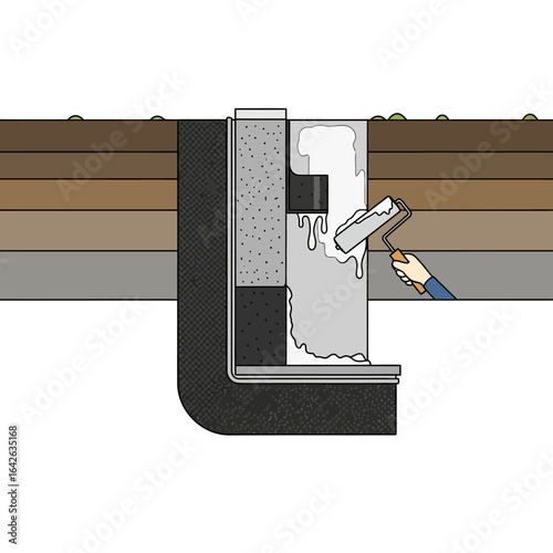 An illustration depicts a construction worker applying sealant to a building's foundation using a roller brush, showcasing the process of waterproofing.