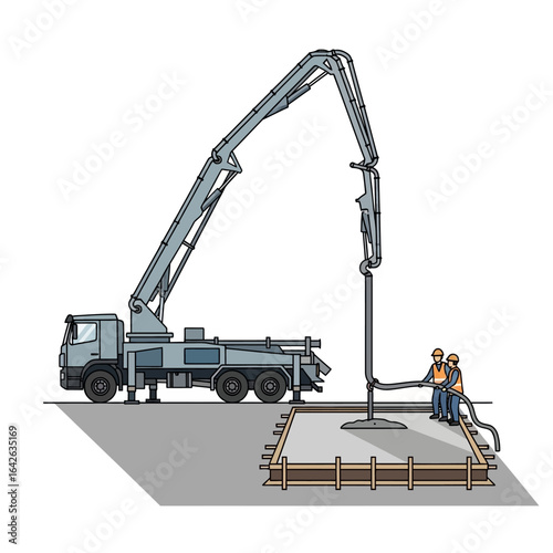 A concrete pump truck pours cement into a foundation formwork, two construction workers operate the pump and hose, showing a construction site process.