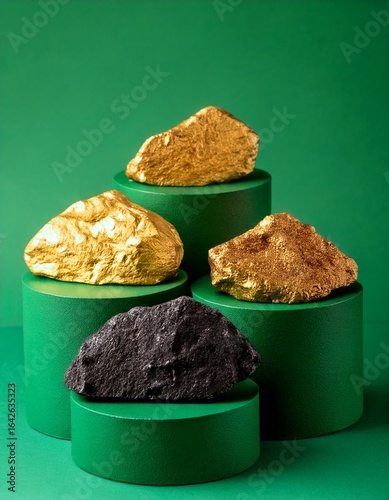 mineral stones displayed on a podium with green background, coal, gold, copper