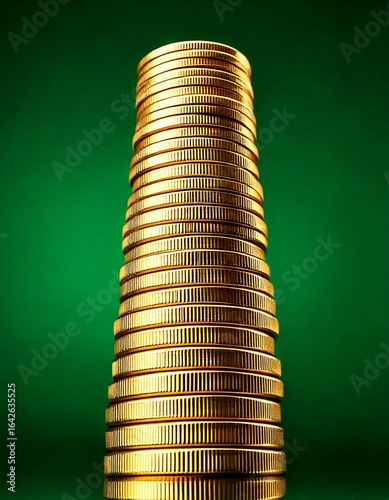 tall stack of gold coins on green background, low angle