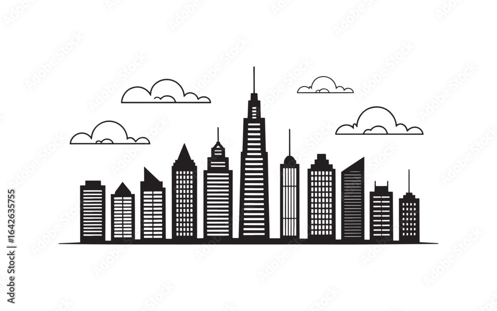 Obraz premium Monochrome Cityscape Silhouette with Clouds A Minimalist Illustration of Urban Architecture and Atmospheric Elements Depicted in a Clean Style