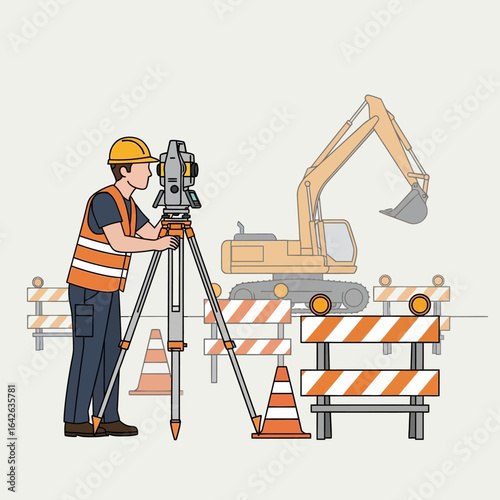 A surveyor uses a theodolite at a construction site, with an excavator and safety barriers in the background, illustrating land surveying and engineering.