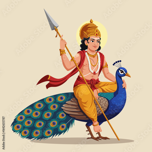 A dynamic flat design vector illustration of Lord Murugan, riding his peacock and holding his spear, symbolizing courage and victory