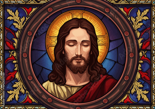 Stained Glass Depiction of Jesus Christ with Halo.