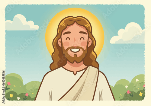 Cartoon Illustration of Jesus Christ with Halo and Beard.