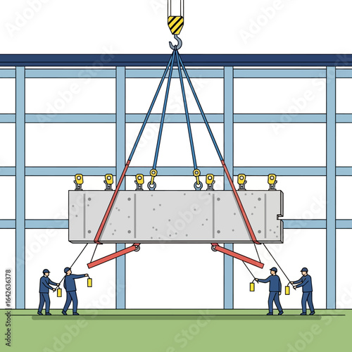 An illustrative scene depicts a large concrete slab being carefully lifted by a powerful crane, with multiple workers collaboratively guiding its precise placement within a modern industrial setting.