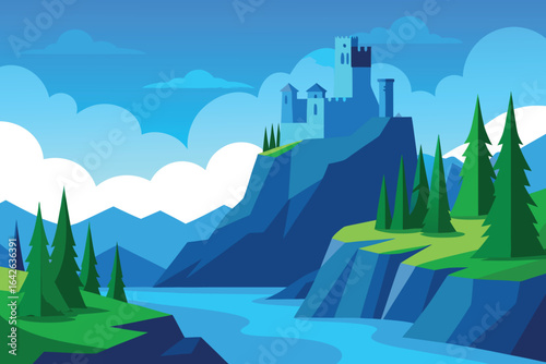 Photo of a majestic castle perched atop a mountain overlooking a river, surrounded by trees and a scenic landscape under a cloudy sky