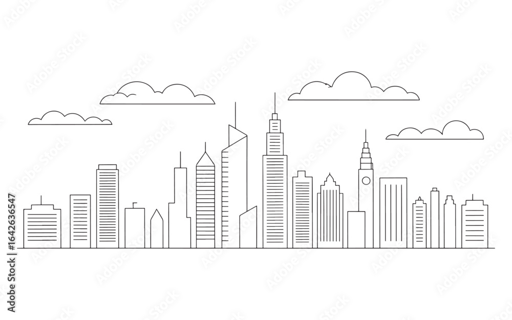 Obraz premium Stylized Cityscape Silhouette with Wispy Clouds A Minimalist Black and White Illustration of an Urban Skyline under a Partially Cloudy Sky