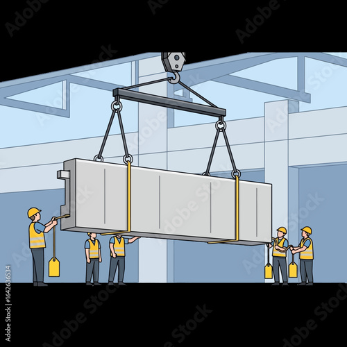 Illustrated factory workers in hard hats and safety vests guide a large concrete block being lifted by a crane in a modern industrial building.