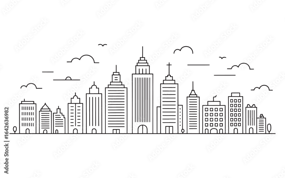 Obraz premium Linear Cityscape Panorama with Skyscrapers and Clouds Black and White Outline Illustration of a Modern Urban Skyline with Trees