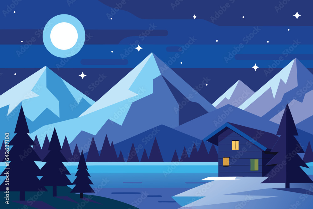 Fototapeta premium Photo of a winter night landscape with a cozy cabin nestled among snowcovered mountains and pine trees under a starry sky with a bright moon