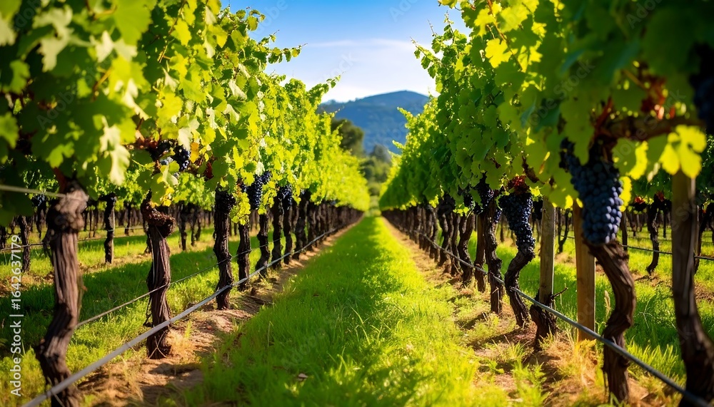 Naklejka premium Vineyard rows under sunny sky