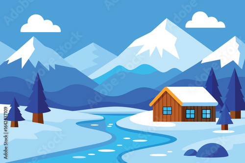 Photo of a picturesque winter landscape featuring a cozy cabin nestled amidst snowcovered mountains, trees, and a winding river under a clear blue sky
