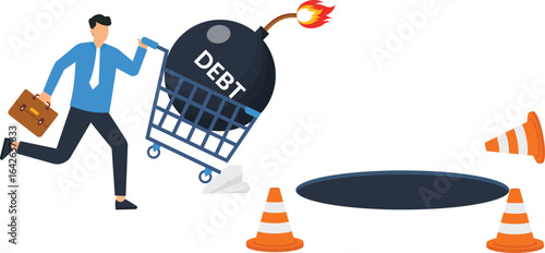 Businessman running from debt bomb towards a hole, financial crisis concept, danger , business concept, debt problem, economic collapse, business strategy, financial planning, risk management, econom