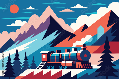 Photo of a colorful train travels through a mountainous landscape with snowcapped peaks, pine trees, and a vibrant sky with clouds