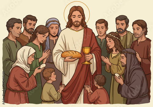 The Last Supper: Jesus with Bread and Wine Surrounded by Disciples.