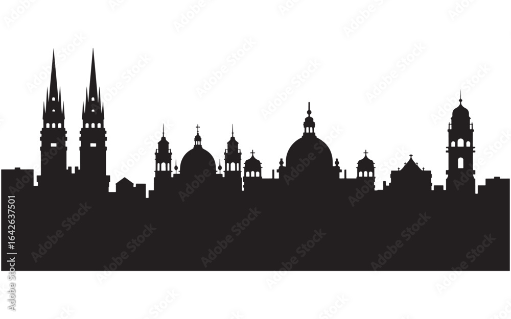 Obraz premium Silhouette of a City Skyline Featuring Prominent Church Towers and Domes Against a Clean White Backdrop Showing Architectural Grandeur