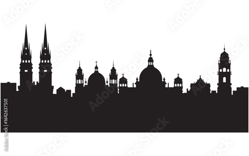 Silhouette of a City Skyline Featuring Prominent Church Towers and Domes Against a Clean White Backdrop Showing Architectural Grandeur