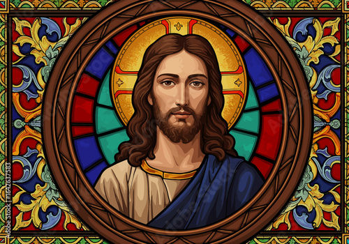 Stained Glass Portrait of Jesus Christ with Halo.