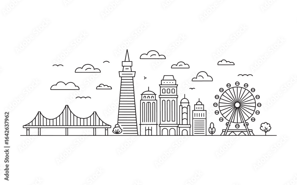 Obraz premium Minimalist Cityscape Illustration Featuring a Bridge Tower Buildings and a Ferris Wheel Set Against a Clean White Backdrop