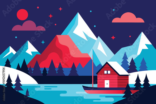 Photo of a serene winter landscape with a cabin by the lake, surrounded by snowcapped mountains under a starry night sky
