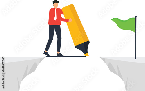 Businessman bridging gap with marker to reach green flag, concept of achievement,success concept, achievement concept, problem solving, creative solution, risk taking, strategic planning, business 