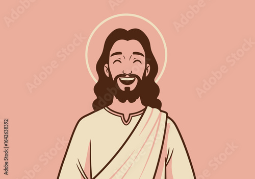 Smiling Jesus Christ Portrait with Halo and Robe on Pink Background.