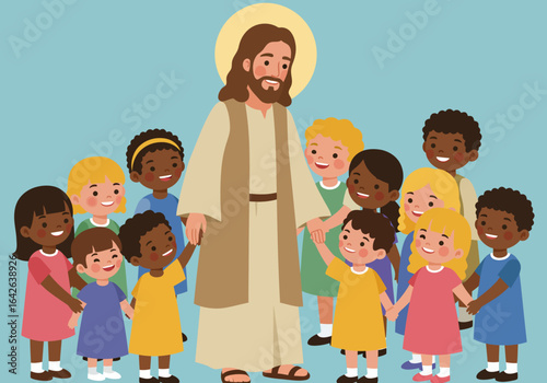 Jesus Christ with Diverse Children Holding Hands Illustration.