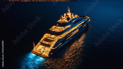 Dynamic aerial perspective of illuminated mega yacht against deep indigo waters, sophisticated light design outlining multiple entertainment decks, beach club platform casting golden glow on gentle