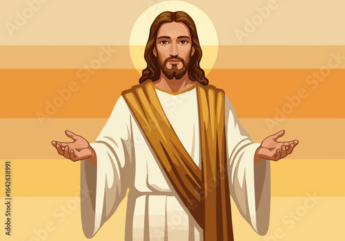 Illustration of Jesus Christ with Open Arms and Halo.