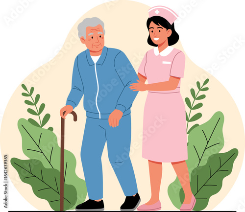 Illustration of a female nurse assisting an elderly man with a cane, symbolizing senior care and mobility support.