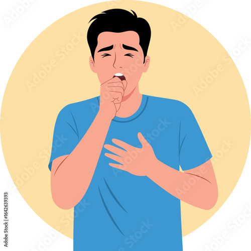 Illustration of a man coughing, holding his hand to his chest, symbolizing a respiratory illness and health problem.