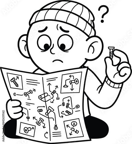 Confused man reading instructions manual for furniture diy