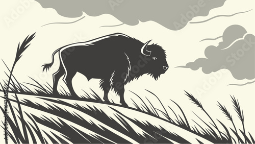 Illustration of a bison standing in a field of tall grass with clouds in the background on a clear day silhouette