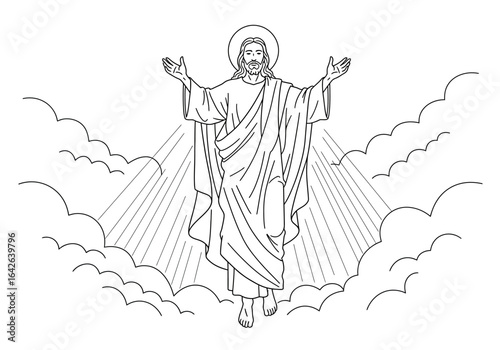 Jesus Christ Ascending with Open Arms in Clouds Line Art.