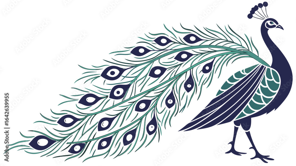 Obraz premium Illustration of a peacock with detailed feathers and a decorative crest walking to the right side silhouette