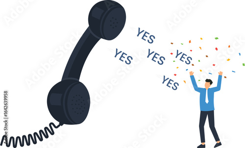 Success Concept: Businessman Celebrating with Confetti and 'Yes' Words, Phone Receiver, Isolated on White,imple background, bright colors, good news, winning concept, business success, phone call