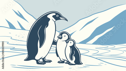 Illustration of a penguin family with an adult and two chicks in an antarctic landscape scene design silhouette
