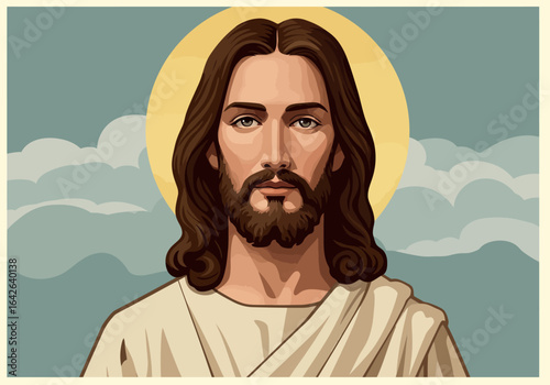 Portrait of Jesus Christ with Halo and Beard.