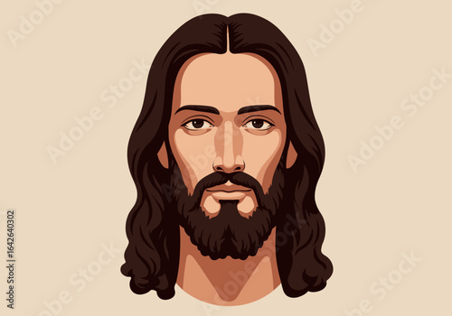 Vector Portrait of Jesus Christ with Long Hair and Beard.
