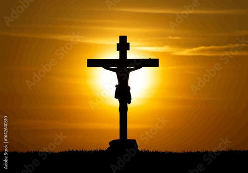 Silhouette of Jesus Christ on the Cross at Sunset.