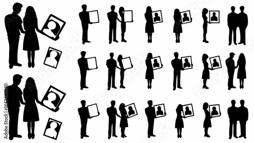 Silhouettes of couples and individuals holding framed portraits in a repeating pattern on a white background