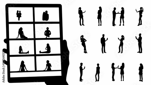 Silhouette figures in a video conference on a tablet with additional single silhouettes around it