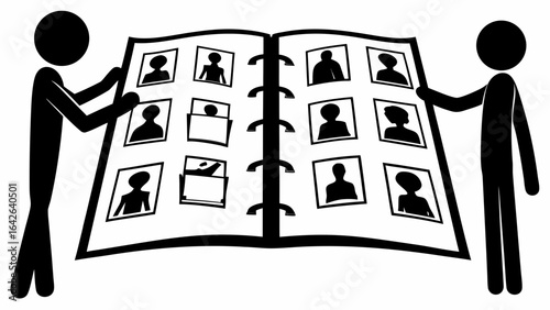 Two stick figures holding open a photo album with portrait pictures displayed on the pages together silhouette