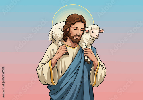 Jesus Christ Carrying a Lamb on His Shoulders Cartoon Style Illustration.