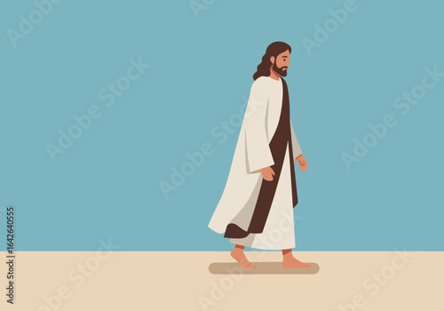 Jesus Christ Walking in Robes on Sand.