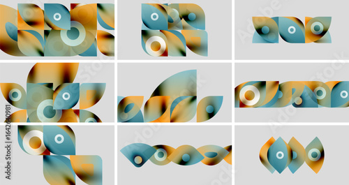 Abstract shapes, orange, blue hues. Geometric forms overlap, creating dynamic compositions. Minimalist design, light background.