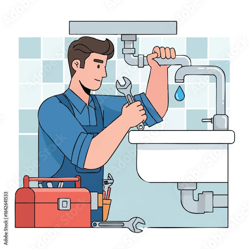A skilled plumber in blue work clothes expertly fixes a leaking faucet in a bathroom sink with tools.